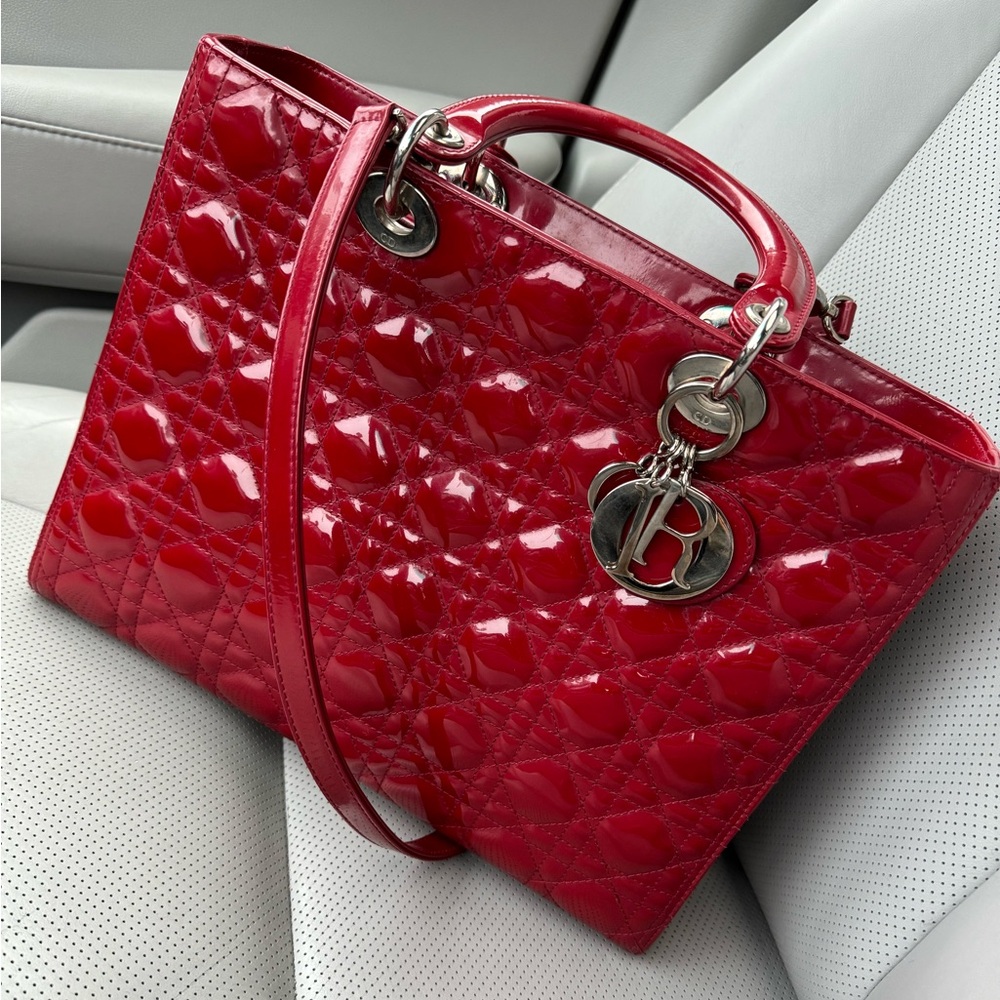 Large Christian Dior Lady Dior Red Cannage Patent Leather Handbag ShoulderStrap